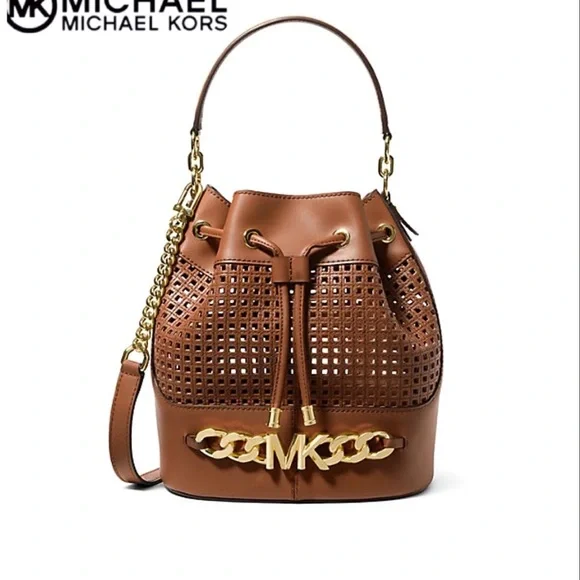 MICHAEL KORS Devon Medium Perforated Leather Bucket Bag Brown - Picture 1 of 10